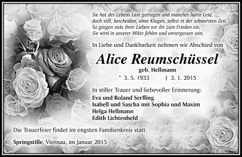 Traueranzeige von Alice Reumschüssel von Südthüringer Presse