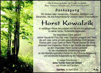 Traueranzeige von Horst Kowalzik von Südthüringer Presse