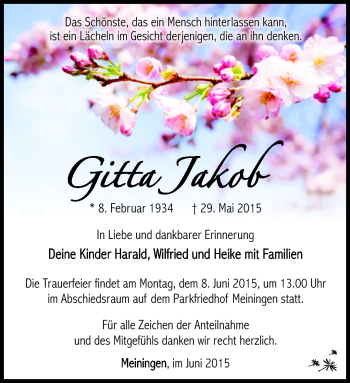 Traueranzeige von Gitta Jakob von Südthüringer Presse