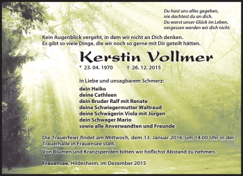 Traueranzeige von Kerstin Vollmer von Südthüringer Presse