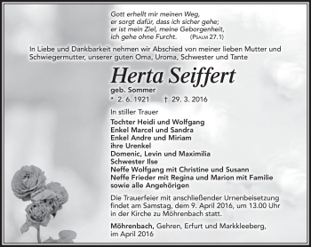 Traueranzeige von Herta Seiffert von Südthüringer Presse