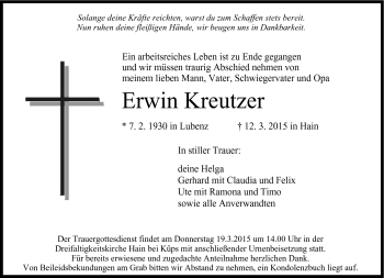 Traueranzeige von Erwin Kreutzer von Neue Presse Coburg