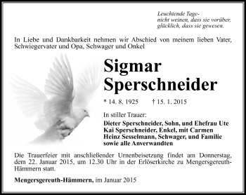 Traueranzeige von Siegmar Sperschneider von Südthüringer Presse