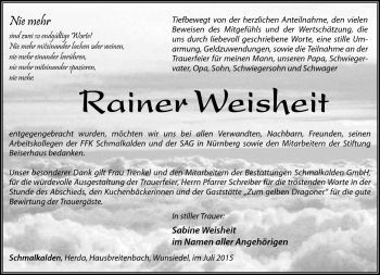 Traueranzeige von Rainer Weisheit von Südthüringer Presse