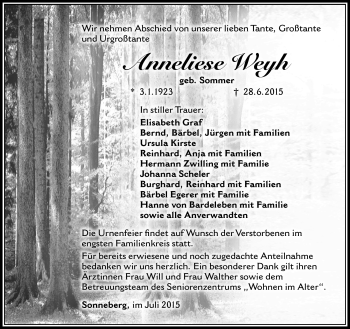 Traueranzeige von Anneliese Weyh von Südthüringer Presse