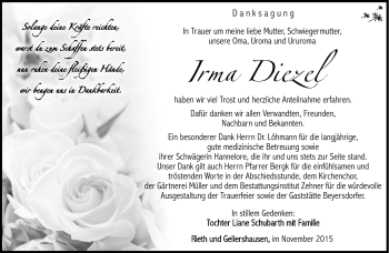Traueranzeige von Irma Diezel von Südthüringer Presse