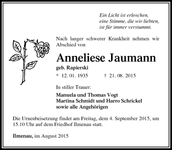 Traueranzeige von Anneliese Jaumann von Südthüringer Presse