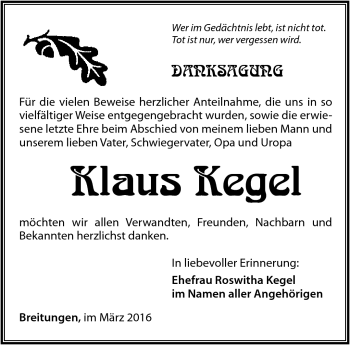 Traueranzeige von Klaus Kegel von Südthüringer Presse