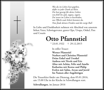Traueranzeige von Otto Pfannstiel von Südthüringer Presse