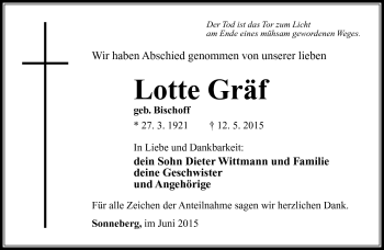 Traueranzeige von Lotte Gräf von Südthüringer Presse
