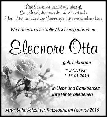 Traueranzeige von Eleonore Otta von Südthüringer Presse