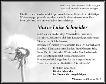 Traueranzeige von Marie-Luise Schneider von Südthüringer Presse