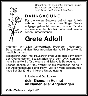 Traueranzeige von Grete Adloff von Südthüringer Presse