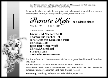 Traueranzeige von Renate Heß von Südthüringer Presse