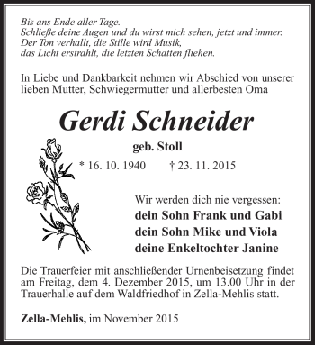 Traueranzeige von Gerdi Schneider von Südthüringer Presse