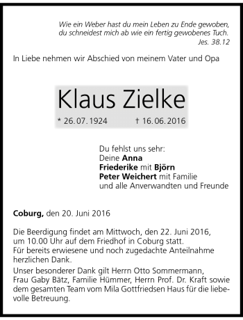 Traueranzeige von Klaus Zielke von Neue Presse Coburg