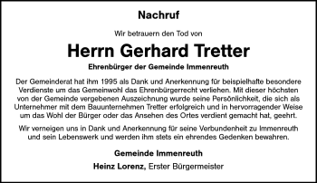 Traueranzeige von Gerhard Tretter von Frankenpost