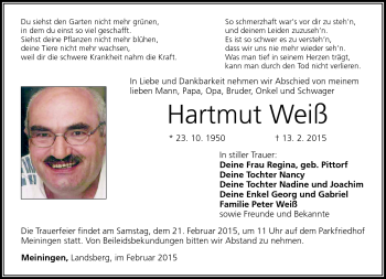 Traueranzeige von Hartmut Weiß von Südthüringer Presse