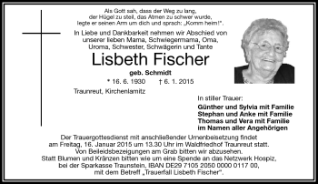 Traueranzeige von Lisbeth Fischer von Frankenpost