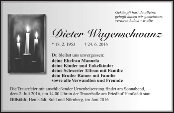 Traueranzeige von Dieter Wagenschwanz von Südthüringer Presse