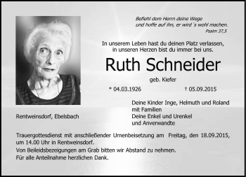 Traueranzeige von Ruth Schneider von Neue Presse Coburg