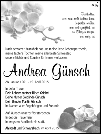 Traueranzeige von Andrea Günsch von Südthüringer Presse