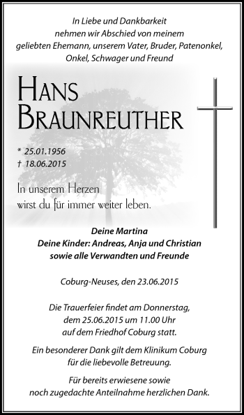 Traueranzeige von Hans Braunreuther von Neue Presse Coburg