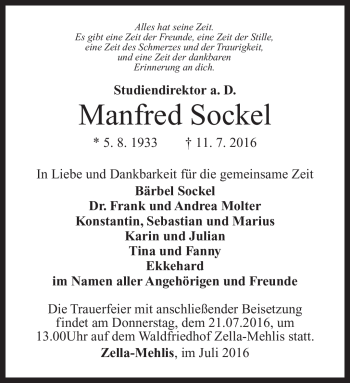 Traueranzeige von Manfred Sockel von Südthüringer Presse