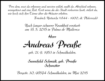 Traueranzeige von Andreas Preuße von Südthüringer Presse