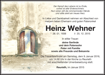Traueranzeige von Heinz Wehner von Südthüringer Presse