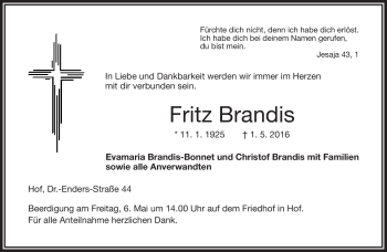 Traueranzeige von Fritz Brandis von Frankenpost