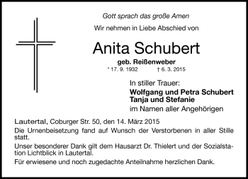 Traueranzeige von Anita Schubert von Neue Presse Coburg