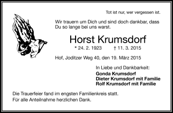 Traueranzeige von Horst Krumsdorf von Frankenpost