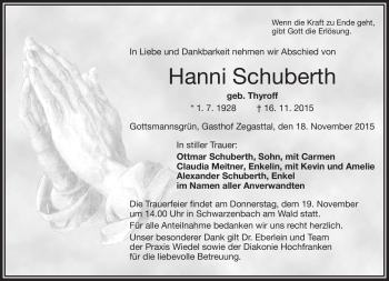 Traueranzeige von Hanni Schuberth von Frankenpost