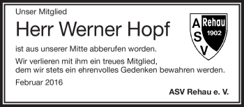Traueranzeige von Werner Hopf von Frankenpost