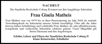 Traueranzeige von Gisela Matheis von Neue Presse Coburg