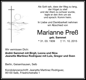 Traueranzeige von Marianne Preß von Frankenpost