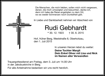 Traueranzeige von Rudi Gebhardt von Frankenpost