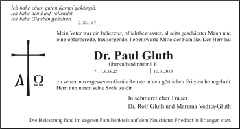 Traueranzeige von Paul Gluth von Frankenpost