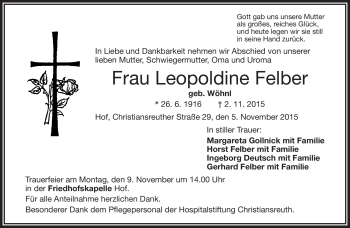 Traueranzeige von Leopoldine Felber von Frankenpost