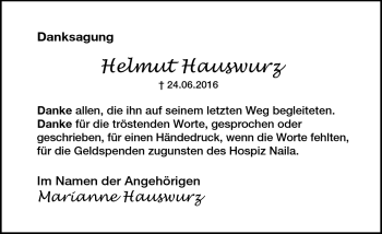 Traueranzeige von Helmut Hauswurz von Frankenpost