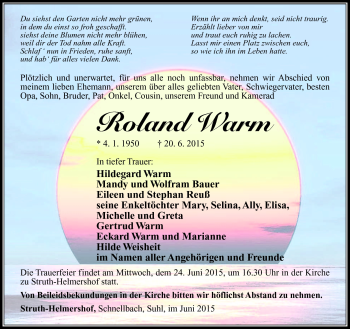 Traueranzeige von Roland Warm von Südthüringer Presse
