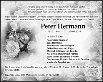 Traueranzeige von Peter Hermann von Südthüringer Presse