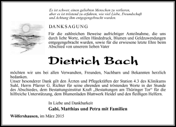 Traueranzeige von Dietrich Bach von Südthüringer Presse