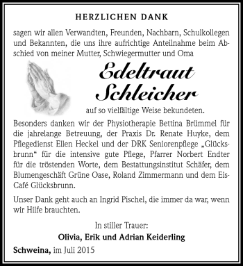 Traueranzeige von Edeltraut Schleicher von Südthüringer Presse