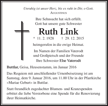 Traueranzeige von Ruth Link von Südthüringer Presse