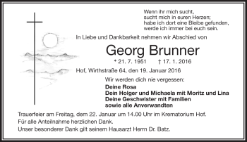 Traueranzeige von Georg Brunner von Frankenpost