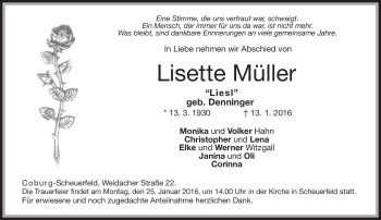 Traueranzeige von Lisette Müller von Neue Presse Coburg