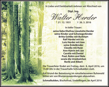 Traueranzeige von Walter Herder von Südthüringer Presse