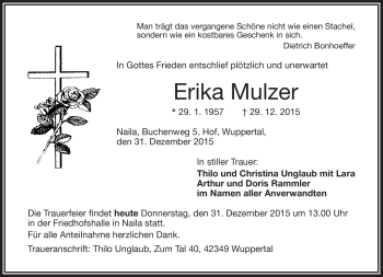 Traueranzeige von Erika Mulzer von Frankenpost